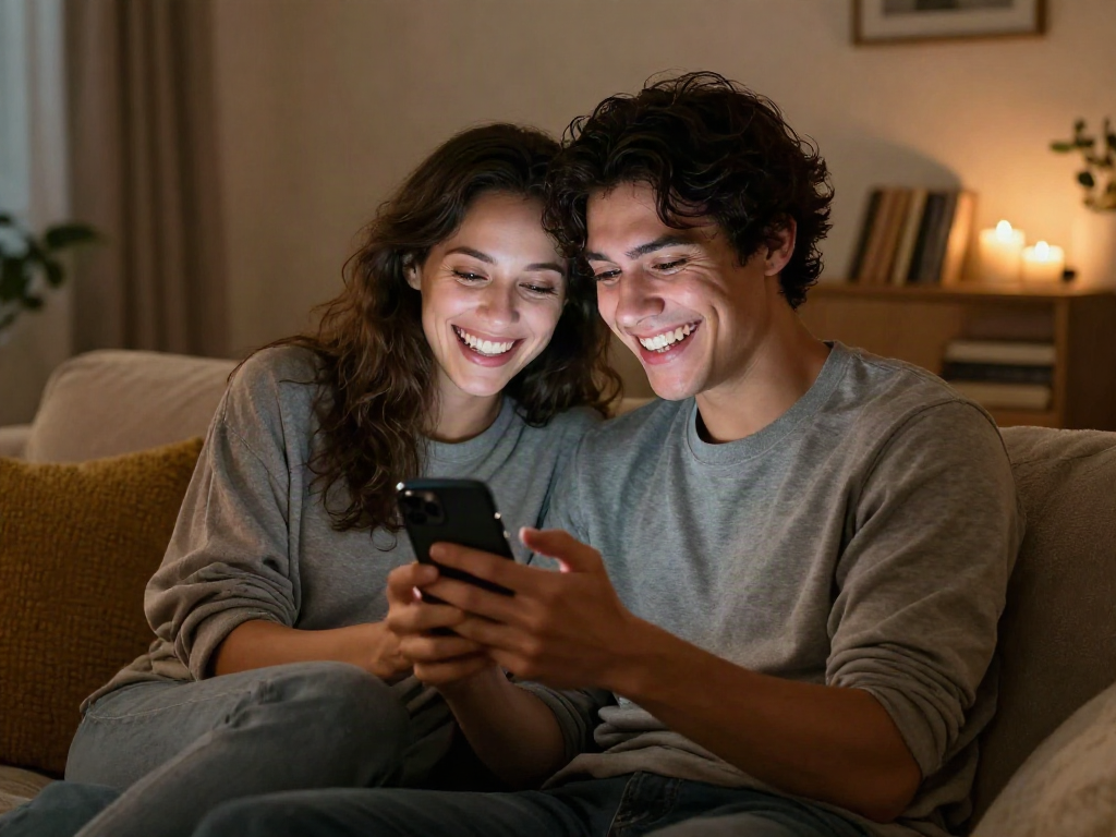 Couple engaged in playful ai sexting in a cozy living room, showcasing digital intimacy and connection.