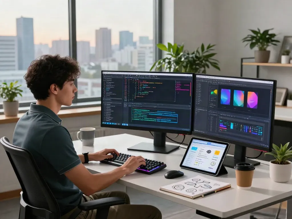 Dynamic coding environment at istana404 with vibrant screens and modern workspace elements.